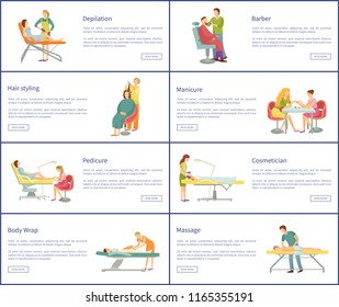 Spa salon depilation and barber, hair styling and manicure, pedicure and cosmetician, body wrap and massage vector web banners set, spa salon procedures