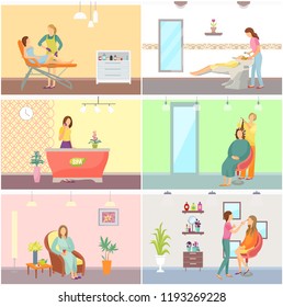 Spa salon depilation and receptionist by table talking with clients set vector. Hair styling hairdresser stylist making haircut, woman drinking tea