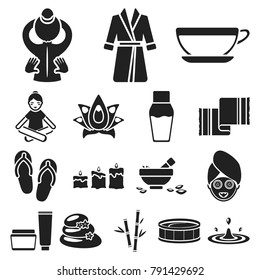 Spa salon and equipment black icons in set collection for design. Relaxation and rest vector symbol stock web illustration.