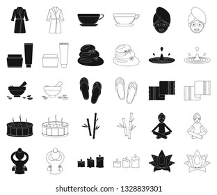 Spa salon and equipment black,outline icons in set collection for design. Relaxation and rest vector symbol stock web illustration.