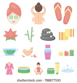 Spa salon and equipment cartoon icons in set collection for design. Relaxation and rest vector symbol stock web illustration.