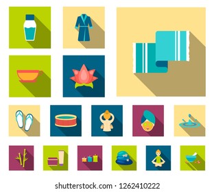 Spa salon and equipment flat icons in set collection for design. Relaxation and rest vector symbol stock web illustration.