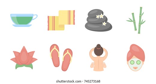 Spa salon, equipment icons in set collection for design. Relaxation and rest vector symbol stock web illustration.