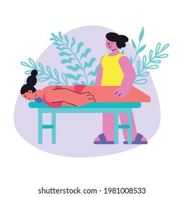 Spa salon flat composition with massage procedure and doodle characters vector illustration