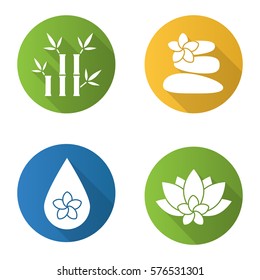 Spa salon flat design long shadow icons set. Aromatherapy. Stones massage, aroma oil drop, spa flowers and bamboo with leaves. Vector silhouette illustration