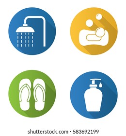Spa salon flat design long shadow icons set. Spa salon shower, flip flops, sponge with bubbles, shower gel with drop. Vector silhouette illustration