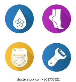 Spa salon flat design long shadow icons set. Aromatherapy oil drop, woman's feet, spa salon bath, foot file. Vector silhouette illustration