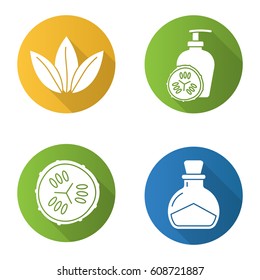 Spa salon flat design long shadow icons set. Cucumber slice and lotion container, salt bottle, loose leaves. Vector silhouette illustration