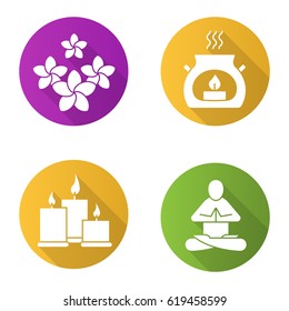 Spa salon flat design long shadow icons set. Aromatherapy candles, yoga class, plumeria flowers. Vector silhouette illustration