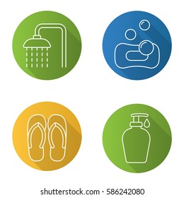 Spa salon flat linear long shadow icons set. Spa salon shower, flip flops, sponge with bubbles, shower gel with drop. Vector line illustration