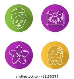 Spa salon flat linear long shadow icons set. Woman with cucumber facial mask, girl with plumeria flower, spa nails bath. Vector line illustration