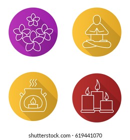 Spa salon flat linear long shadow icons set. Aromatherapy candles, yoga class, plumeria flowers. Vector line illustration
