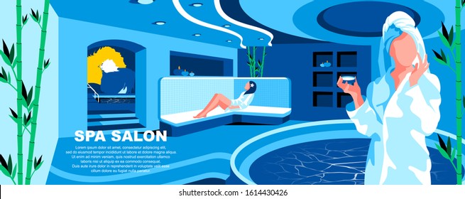Spa salon flat vector landing page template. Cosmetologist and beautician services banner layout with header. Women skincare procedures. Beauty center cartoon illustration with text space