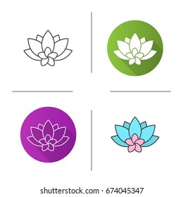 Spa salon flowers icon. Flat design, linear and color styles. Aromatherapy lotus and plumeria. Isolated vector illustrations