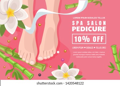 Spa salon flyer, poster layout. Discount banner design template for female pedicure and foot care. Womens legs, green bamboo and lotus flowers on pink background. Top view vector cartoon illustration.