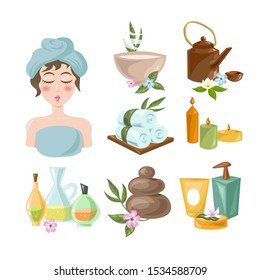 Spa salon grooming skin care, mind clearing therapy procedures, relaxed woman with towel, hot stones, candles, herbal tea, natural oils and lotions, aromatherapy concept, set of illustrated icons