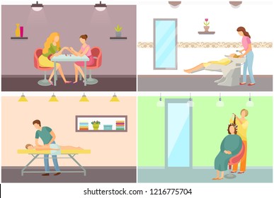 Spa salon hair wash and hairstyling vector posters set. Body massage and manicure procedure made by manicurist, beauty room interiors with specialists