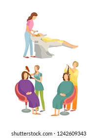 Spa salon hairdressers hair styling and haircut changing, isolated icons set vector. Head washing and style, pleasant procedures by professional woman