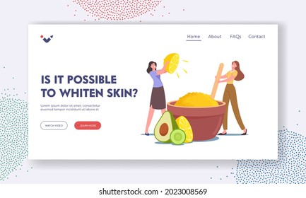 Spa Salon or Home Hygiene Procedure Applying Landing Page Template. Tiny Female Characters Makes Beauty Product in Huge Bowl for Skin Whitening of Lemon and Avocado. Cartoon People Vector Illustration