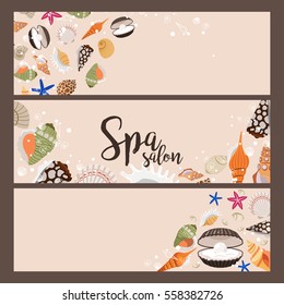 Spa salon horizontal banners with sea shells vector illustration.