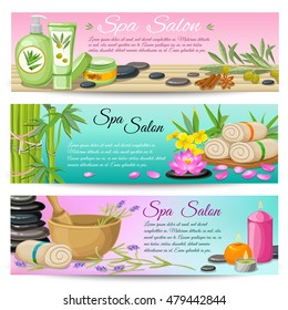 Spa salon horizontal banners set with olive cosmetics east medicine flowers and candles isolated vector illustration