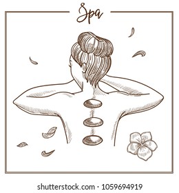 SPA salon hot massage stones woman treatment vector sketch icon