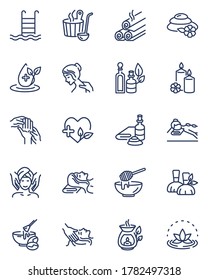 Spa salon icons set. Illustrations of cosmetic facial massage, stone therapy, aromatherapy, sauna, candles, aroma oils. Vector icons for beauty care, wellness, relaxing, physiotherapy concept