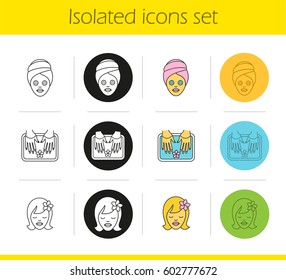 Spa salon icons set. Linear, black and color styles. Woman with cucumber facial mask, girl with plumeria flower, spa nails bath. Isolated vector illustrations