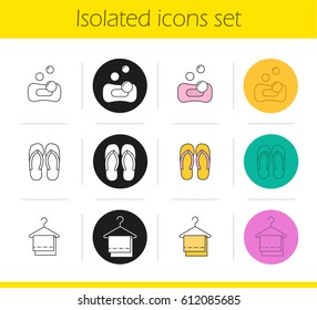 Spa salon icons set. Linear, black and color styles. Flip flops, clean towels on clothes hanger, sponge with bubbles. Isolated vector illustrations