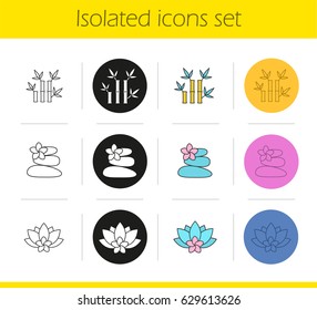 Spa salon icons set. Linear, black and color styles. Stones for massage, spa flowers and bamboo with leaves. Isolated vector illustrations