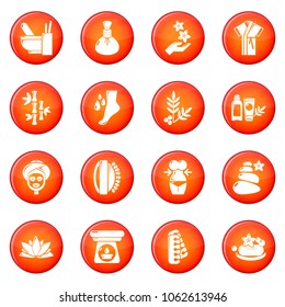 Spa salon icons set vector red circle isolated on white background 