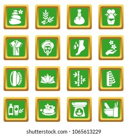 Spa salon icons set vector green square isolated on white background 
