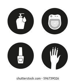 Spa salon icons set. Woman's hand with manicure, nail polish bottle, lotion with drop, spa salon manicure bath. Vector white silhouettes illustrations in black circles