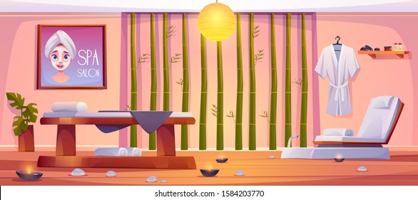 Spa salon interior, empty room with professional equipment and furniture. Clean linen lying on massage couch and chair with burning candles around, bamboo sticks wall. Cartoon vector illustration