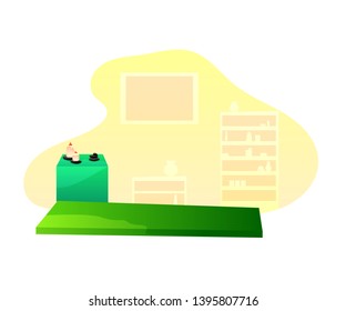 Spa salon interior flat vector illustration. Massage table, stones, shelves. Massage room design with no people cartoon design element. Alternative treatment clinic indoors clipart