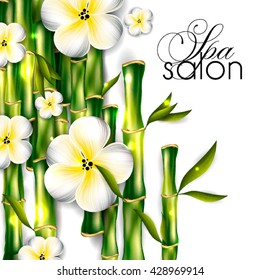 Spa salon invitation template with bamboo and plumeria.