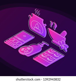 Spa salon isometric color gradient vector illustration. Beauty industry linear icons infographic. Aromatherapy, makeup cosmetics 3d  concept. Body, skincare products isolated design elements