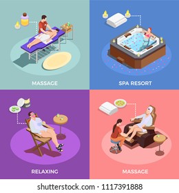 Spa salon isometric design concept massage of body and foot relaxation and water therapy isolated vector illustration