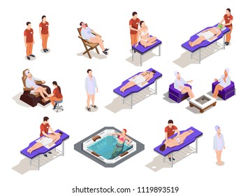 Spa salon isometric icons with customers and staff procedures for body and face care isolated vector illustration