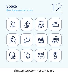 Spa salon line icon set. Massage, shower, candle. Relaxation concept. Can be used for topics like beauty, recovery, resort, skin care