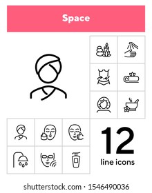 Spa salon line icon set. Massage, shower, candle. Relaxation concept. Can be used for topics like beauty, recovery, resort, skin care