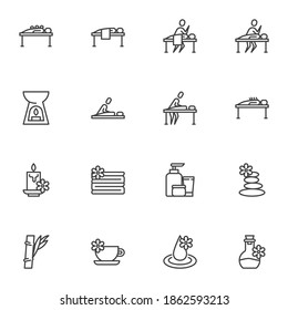 Spa salon line icons set, outline vector symbol collection, linear style pictogram pack. Signs, logo illustration. Set includes icons as massage therapy, zen stones, candle, acupuncture, massage oil