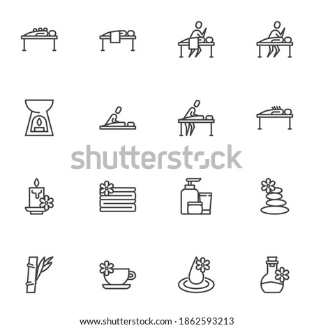 Spa salon line icons set, outline vector symbol collection, linear style pictogram pack. Signs, logo illustration. Set includes icons as massage therapy, zen stones, candle, acupuncture, massage oil
