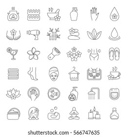 Spa Salon Linear Icons Set. Aroma Therapy, Stones Massage, Face Cream Jar, Towels, Flowers, Foot File, Cucumber Mask, Shower, Candles, Oil. Thin Line Contour Symbols. Isolated Vector Illustrations