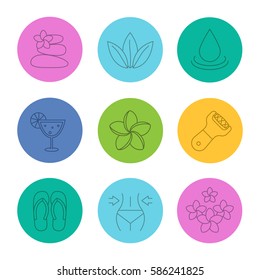 Spa salon linear icons set. Stones massage, leaves, aroma oil drop, cocktail, plumeria flowers, foot file, flip flops, weight loss. Thin line contour symbols on color circles. Vector illustrations