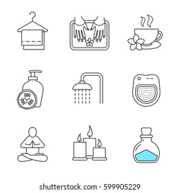 Spa salon linear icons set. Towels on clothes hanger, yoga pose, cucumber lotion, shower, herbal teacup, candles, salt bottle, spa salon bath. Thin line contour symbols. Isolated vector illustrations