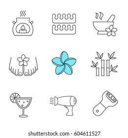 Spa salon linear icons set. Aromatherapy candle, toes separators, mortar and pestle, hairdryer, plumeria, bamboo sticks, cocktail, foot file. Thin line contour symbols. Isolated vector illustrations