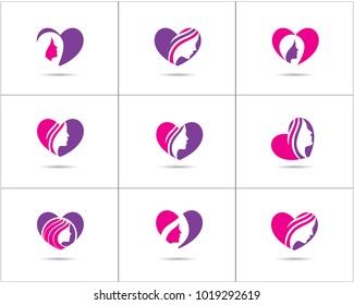 Spa and salon logo design set, Beauty lady in heart shape vector icons, cosmetics and makeup artist symbol, beauty salon shop logos illustration.