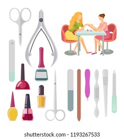 Spa salon manicurist procedure, isolated icons set vector. Scissors and glass bottle with nail polishing files and tools instruments for manicure