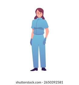 Spa salão de massagem ou cosmetologia terapeuta em uniforme azul com luvas. Personagem mulher empregado profissional de salão de beleza. Ilustração plana vetorial isolada no branco